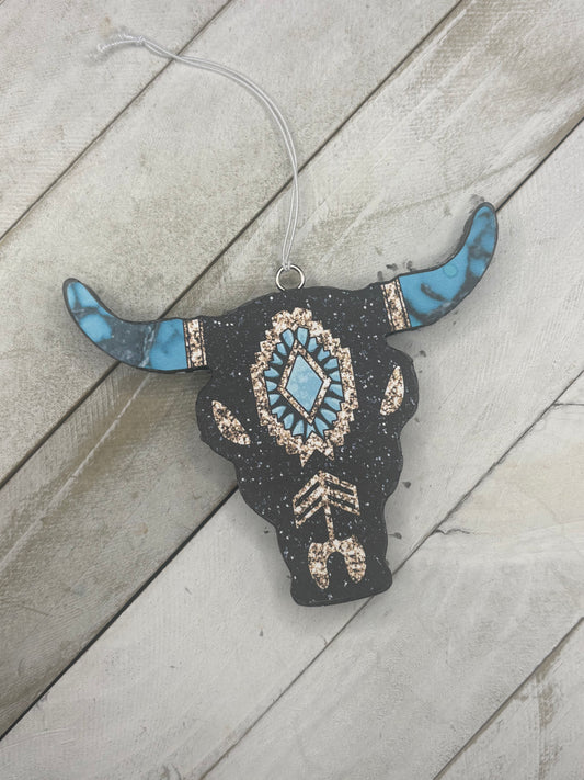 Black and Turquoise Bull Skull